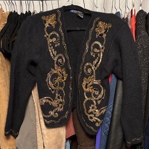 1990’s IB Diffusion Black Cardigan with Intricate Gold Beaded Embroidery